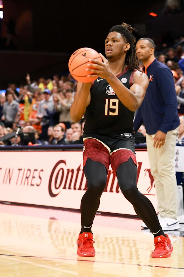 Basketball player preparing to shoot during game.