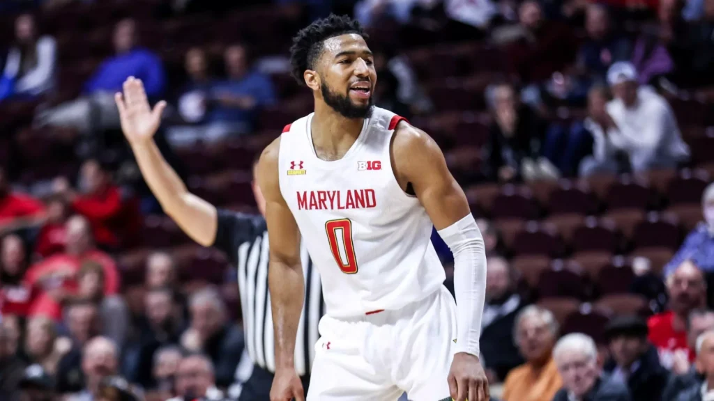 Maryland basketball player on court in action