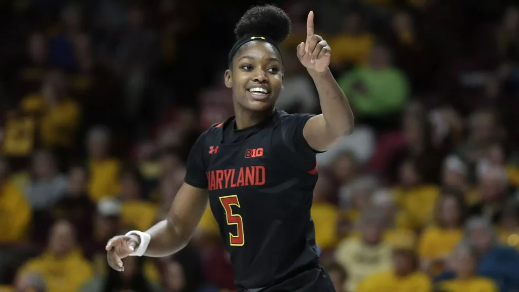 Basketball player in Maryland uniform pointing upward.