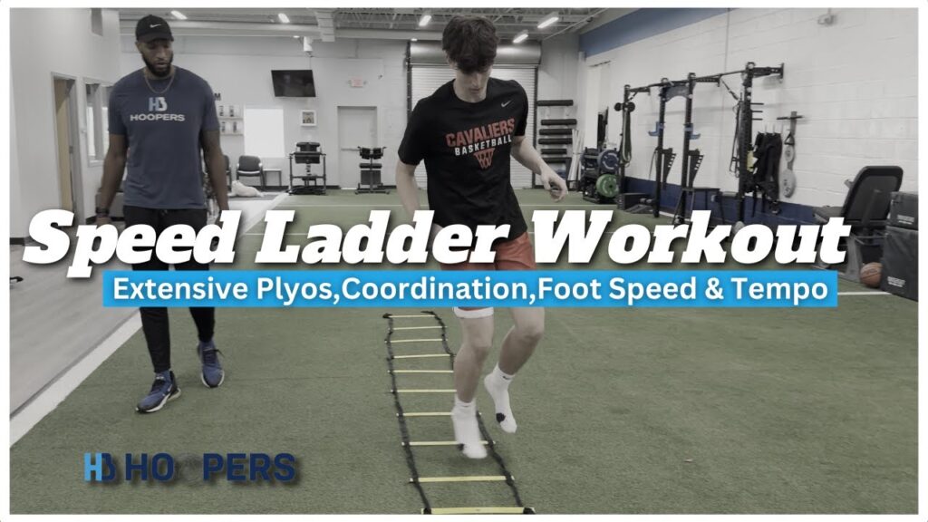 Speed ladder workout in gym setting.