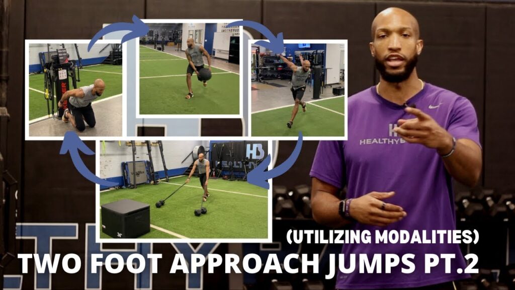 Trainer demonstrates two-foot approach jumps with equipment.